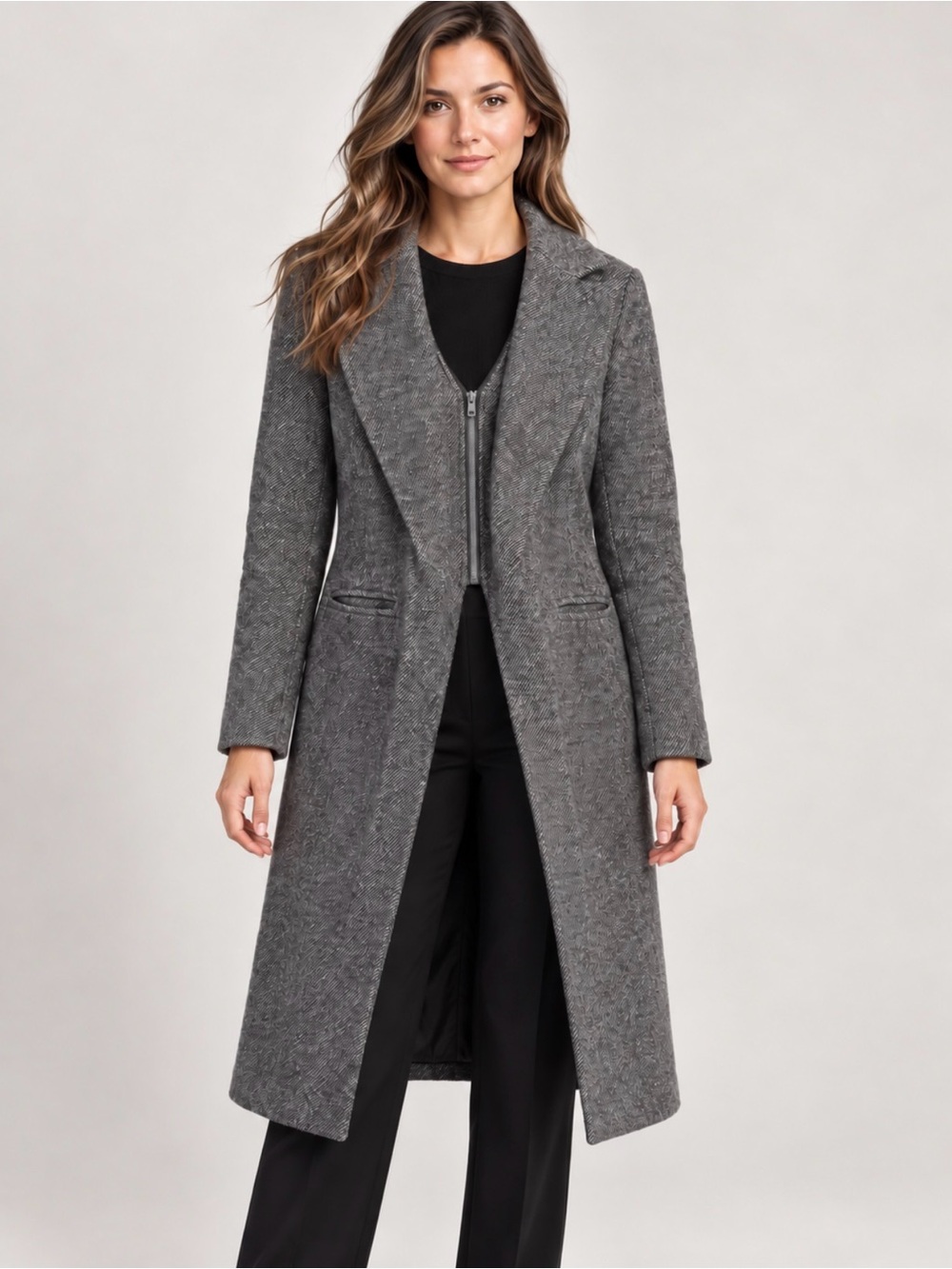 Avec Les Filles Gray Long tweed half zip classic Trench Coat size xxs
